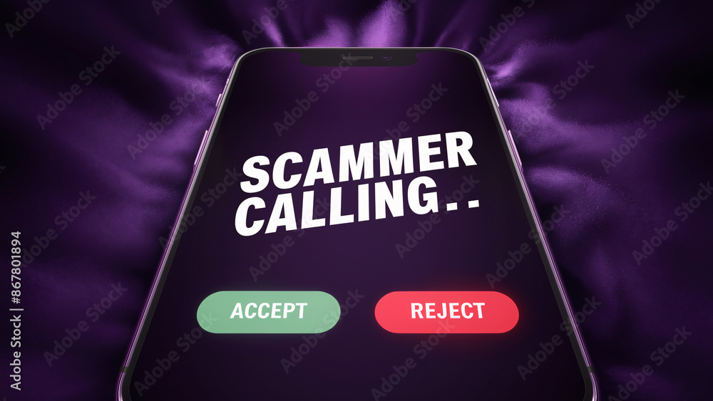 Poster scammer calling alert on smartphone with dramatic purple fabric background and bold accept and rejec