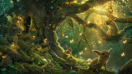 playful interaction between a curious bogling and a group of mischievous woodland creatures, their antics unfolding amidst a backdrop of ancient trees and sparkling fireflies