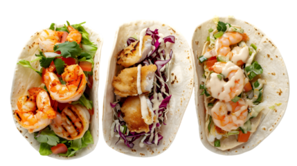  Grilled fish taco, battered fish taco, and shrimp taco placed neatly on a plain white surface