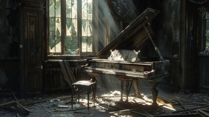 A dilapidated piano in an abandoned room, keys broken and scattered, light streaming through a cracked window casting long shadows, using a monochromatic palette
