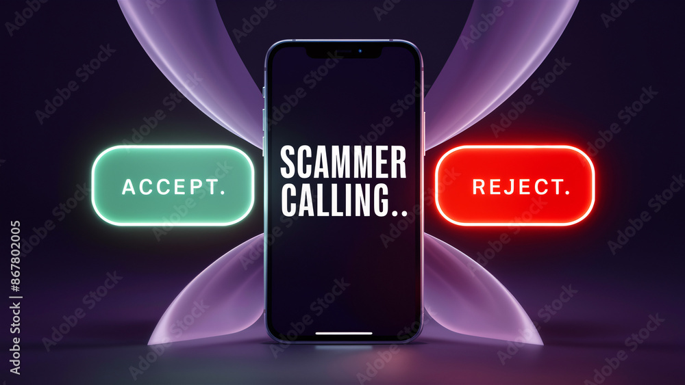 Poster scammer calling alert on smartphone with vibrant neon accept and reject buttons – dynamic visual rep
