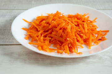 A view of a plate of shredded carrots.