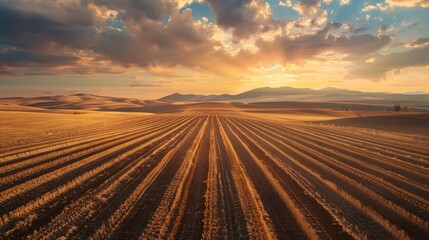 Fototapeta premium aerial view of a vast agricultural landscape, where geometric patterns of freshly plowed fields stretch to the horizon under a dramatic sky painted with swirling clouds and shafts of golden sunlight, 