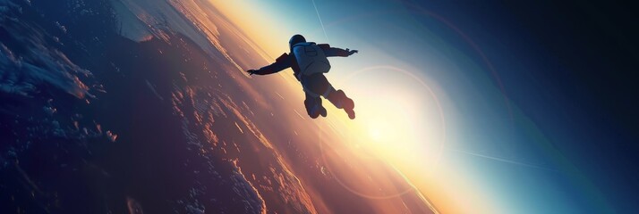daredevil skydiver plunging from the edge of space, the curvature of the Earth and the infinite cosmos stretching out behind them, capturing the thrill and courage of pushing beyond earthly limits