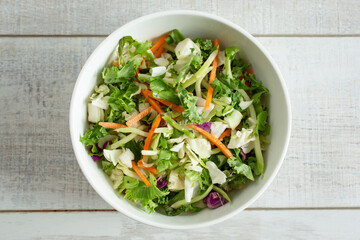 A top down view of a chopped salad.