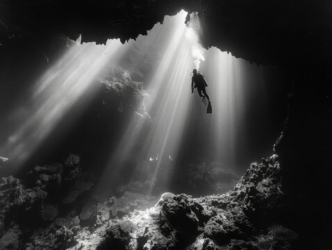 black-and-white photograph of a diver exploring a deep underwater cave, illuminated only by a narrow beam of light, showcasing the sense of exploration and mystery