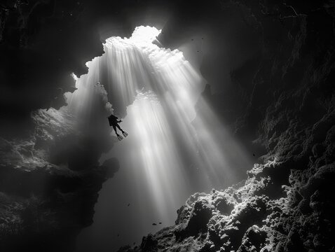 black-and-white photograph of a diver exploring a deep underwater cave, illuminated only by a narrow beam of light, showcasing the sense of exploration and mystery