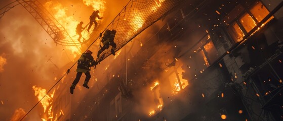 A dramatic scene of firefighters in action, extending a safety net to catch a person trapped on a burning building ledge, the tension and bravery of the rescue mission conveyed through dramatic