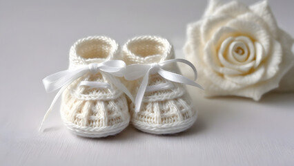 Hand crocheted white newborn shoes adorned with satin ribbon arranged with white rose flower. 