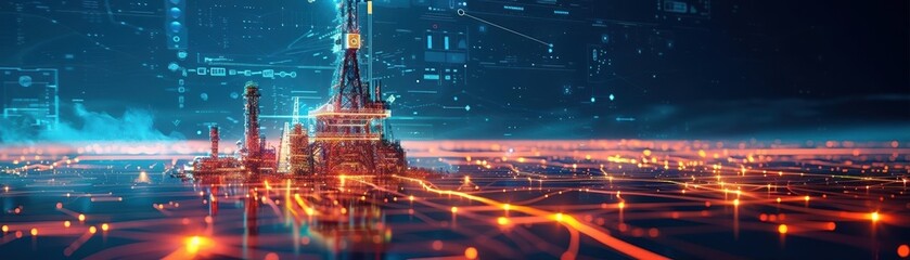 A futuristic cityscape with glowing orange lines, digital skyscrapers, and a blue atmospheric backdrop at night