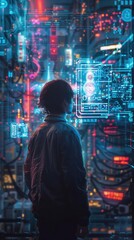 Fototapeta premium A person observes a vibrant, futuristic digital display in a cyberpunk setting, illuminated by neon hues and intricate data visuals