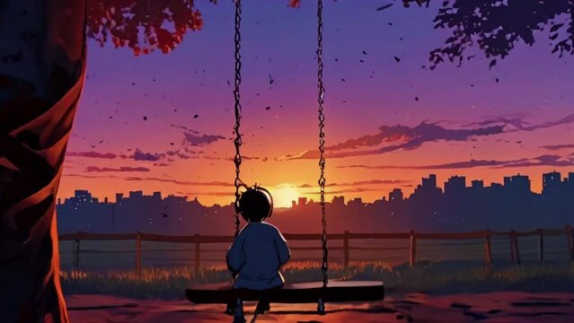 Lofi sad Boy in sun sets, reflecting on lost love, anime chill hip hop. Cyan purple colours manga style Japanese anime-style 4k lofi hip-hop bites landscape music background animation video