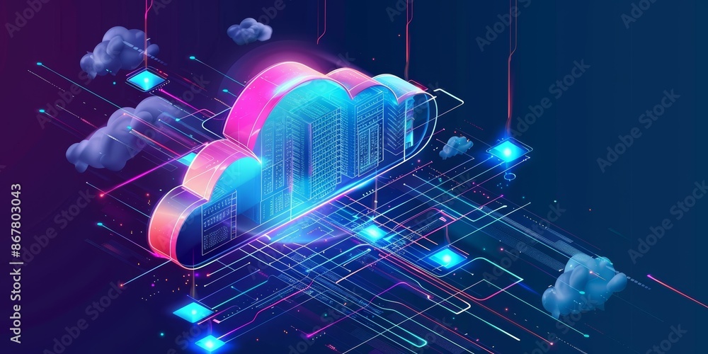 Poster isometric cloud storage for downloading, representing a digital service or application facilitating 