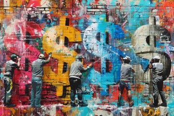 group of graffiti artists spray-painting oversized dollar signs on a weathered brick wall in an abandoned industrial district, the vibrant colors and bold strokes capturing the rebellious energy 
