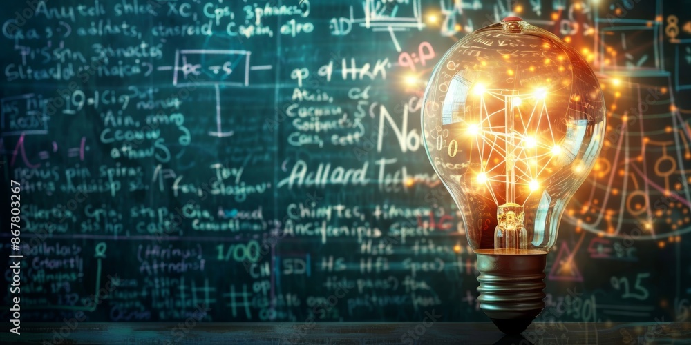 Poster glowing lamp as a symbol of scientific thought against the background of physical and mathematical f