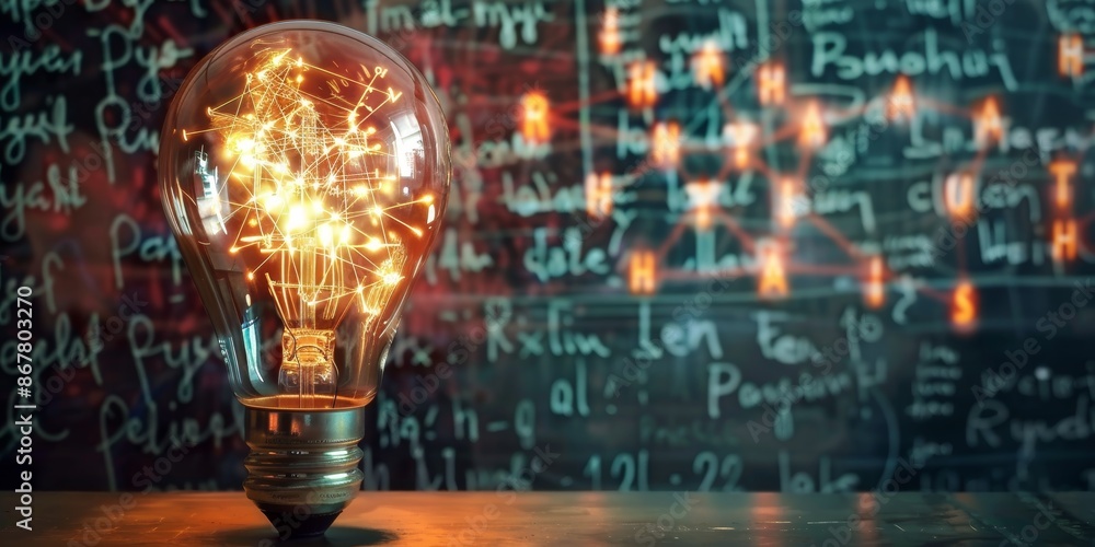 Poster glowing lamp as a symbol of scientific thought against the background of physical and mathematical f