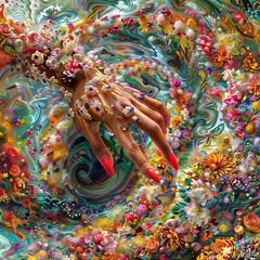 Nature's Embrace: A hand with manicured nails emerges from a swirling sea of flowers and marine life, creating a dreamlike fusion.