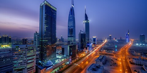 During the blue hour, the KAFD buildings in Riyadh, Saudi Arabia, stand out. 
