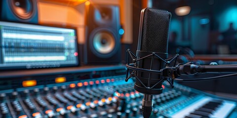 recording studio control desk. Professional studio microphone with musician blurred background and audio mixer, 