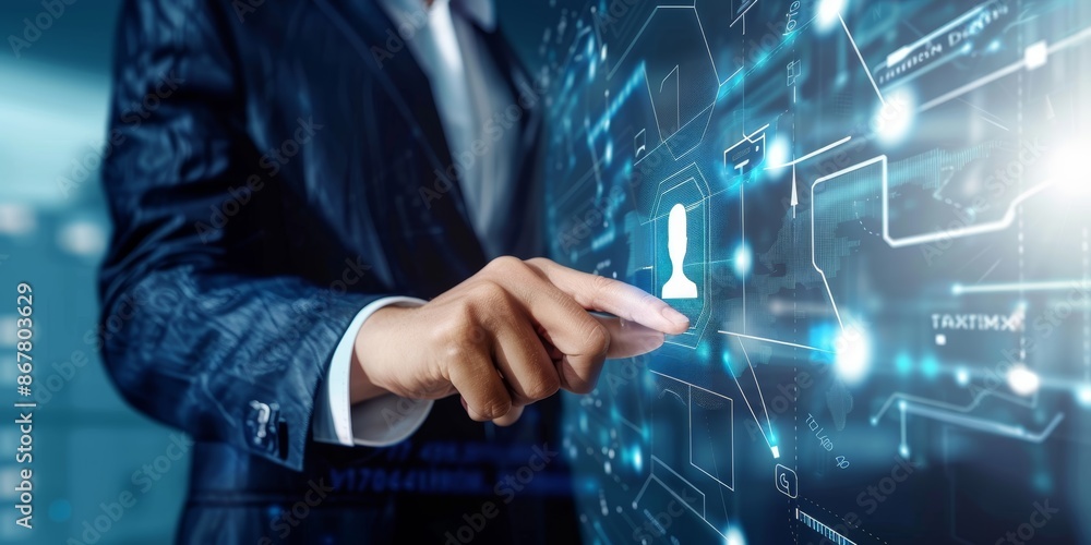 Poster digital payments: businessman touching the digital payments icon and global technological networking