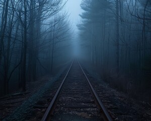Fototapeta premium A haunting, atmospheric photograph of an abandoned railway track stretching into a foggy, mysterious forest, muted colors, eerie lighting