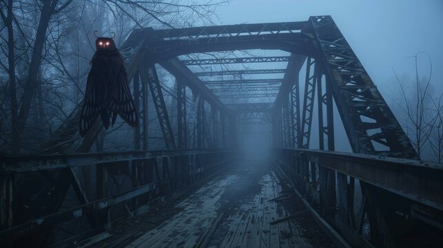 A haunting, atmospheric photograph of Mothman standing on an old, dilapidated bridge at dusk, the creature red eyes glowing ominously in the mist, with the bridge iron structure and surrounding foggy 