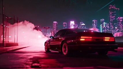 Futuristic car on the cybeprunk street in blue and purple synthwave colors. Cool retro supercar on synthwave street