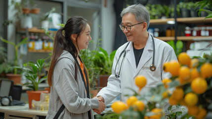 A telephoto angle photo of a doctor and a grateful organ recipient sharing a handshake at an Organ Donation Day event, environmental scientists, engineers, activists working, envir