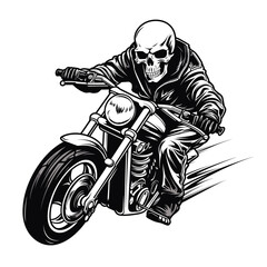 Bold Detailed Skeleton Biker on Motorcycle, Tattoo Style, High-Quality Clean Full-Body SVG Outline Illustration, Perfect for Biker Themes and Retro Artwork