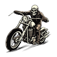 Bold Detailed Skeleton Biker on Motorcycle, Tattoo Style, High-Quality Clean Full-Body SVG Outline Illustration, Perfect for Biker Themes and Retro Artwork