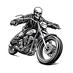 Bold Detailed Skeleton Biker on Motorcycle, Tattoo Style, High-Quality Clean Full-Body SVG Outline Illustration, Perfect for Biker Themes and Retro Artwork