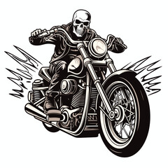 Bold Detailed Skeleton Biker on Motorcycle, Tattoo Style, High-Quality Clean Full-Body SVG Outline Illustration, Perfect for Biker Themes and Retro Artwork