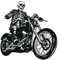 Bold Detailed Skeleton Biker on Motorcycle, Tattoo Style, High-Quality Clean Full-Body SVG Outline Illustration, Perfect for Biker Themes and Retro Artwork