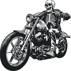 Bold Detailed Skeleton Biker on Motorcycle, Tattoo Style, High-Quality Clean Full-Body SVG Outline Illustration, Perfect for Biker Themes and Retro Artwork