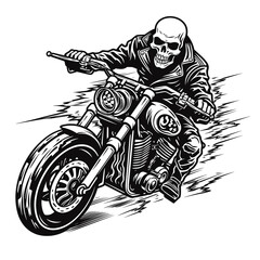 Bold Detailed Skeleton Biker on Motorcycle, Tattoo Style, High-Quality Clean Full-Body SVG Outline Illustration, Perfect for Biker Themes and Retro Artwork
