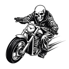 Bold Detailed Skeleton Biker on Motorcycle, Tattoo Style, High-Quality Clean Full-Body SVG Outline Illustration, Perfect for Biker Themes and Retro Artwork
