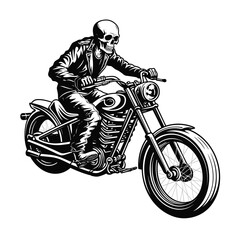 Bold Detailed Skeleton Biker on Motorcycle, Tattoo Style, High-Quality Clean Full-Body SVG Outline Illustration, Perfect for Biker Themes and Retro Artwork