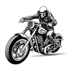 Bold Detailed Skeleton Biker on Motorcycle, Tattoo Style, High-Quality Clean Full-Body SVG Outline Illustration, Perfect for Biker Themes and Retro Artwork