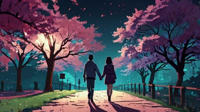 Lofi lovely romantic couple walking, glow love affection Cyan purple colours manga Japanese anime-style 4k lofi hip-hop bites landscape music background animation video