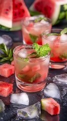 Watermelon cocktail with mint and ice on a dark background, emphasizing a fresh and summery drink, perfect for National Watermelon Day