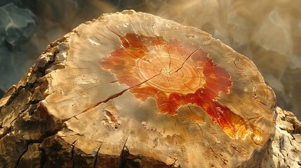 Obraz premium Close-up of a wooden branch with a red and yellow pattern at its end
