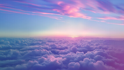 Aerial photo of the sky above clouds. Dreamy pastel color palette with purple, blue and pink...