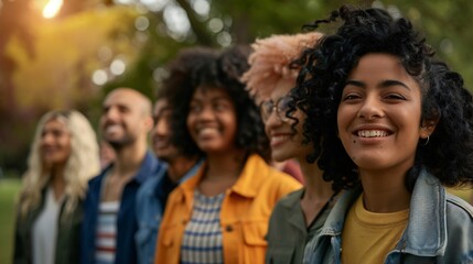 Fototapeta premium Diverse group of young adults enjoying fall weather in a park, smiling and making memories together