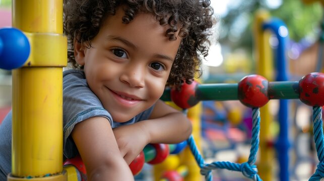 A curly-haired child having fun and smiling while playing at a colorful playground on a sunny day.