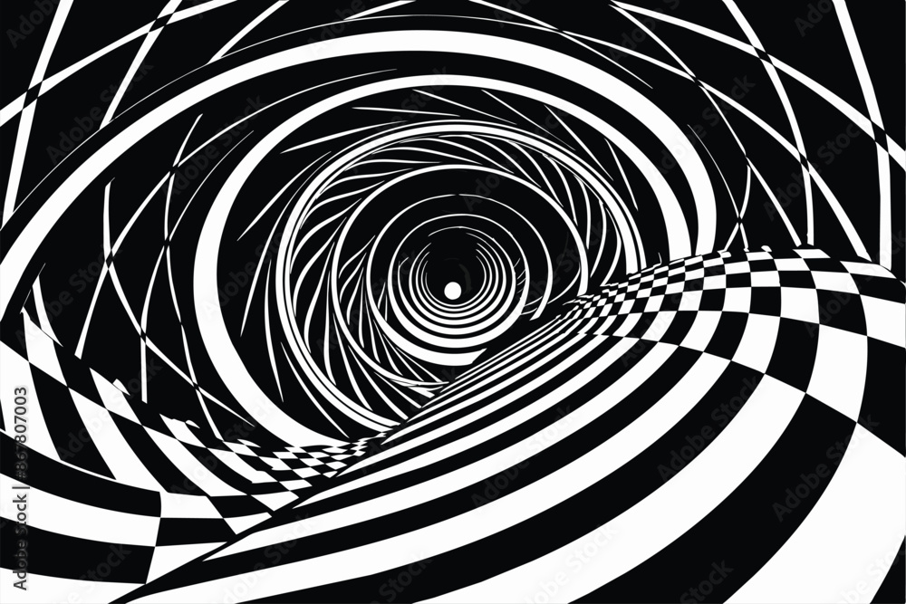 Poster a monochrome tunnel with a checkered pattern on the walls.