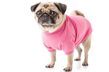 Obraz premium Funny pug in a pink t-shirt standing on a white background, humorous animal fashion concept.