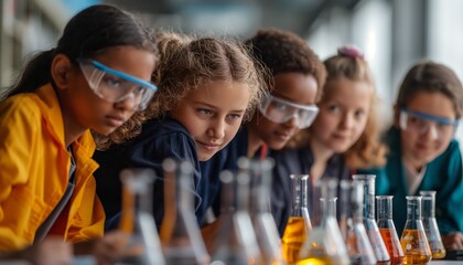 A group of inquisitive kids are engaged in a science experiment, wearing safety goggles and observing beakers with keen interest, showing the importance of hands-on learning.