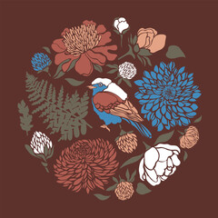 Flowers of roses, peonies, and clovers surround the robin bird. Natural motifs inscribed in a circle. Vector illustration.
