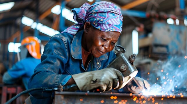 A hard-working woman in a workshop, a black woman, a welder