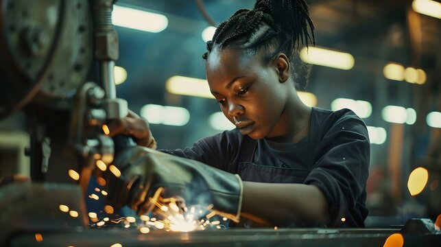 A hard-working woman in a workshop, a black woman, a welder